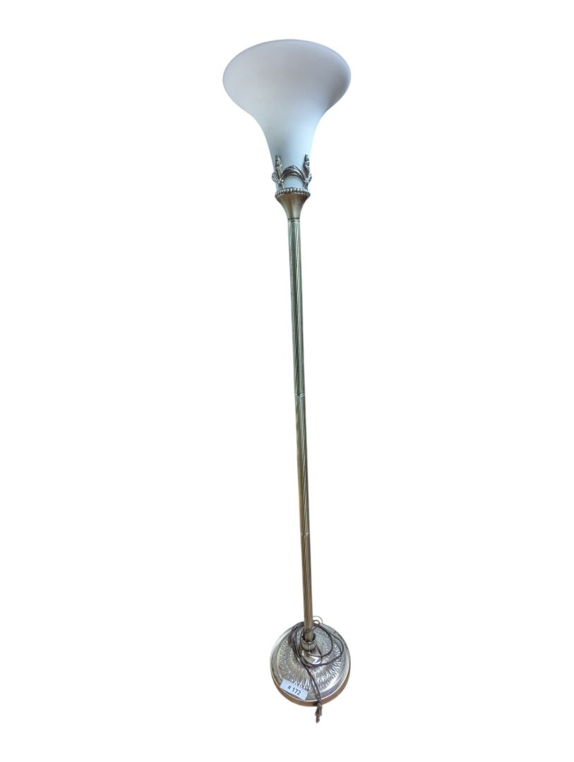 Vintage Brass-Tone Torchiere Floor Lamp with Frosted Glass Shade