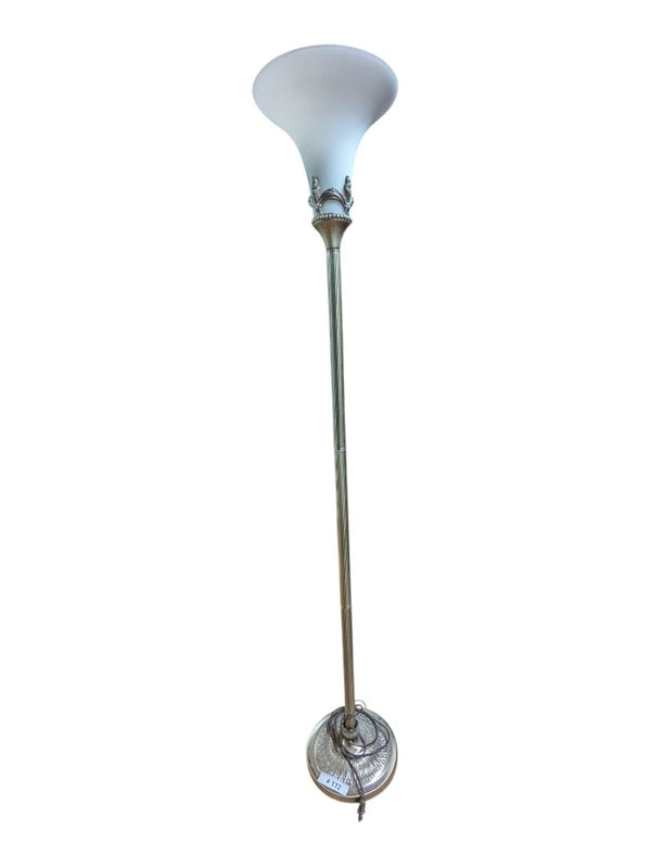 Vintage Brass-Tone Torchiere Floor Lamp with Frosted Glass Shade