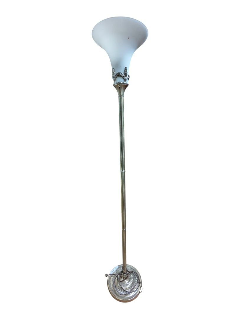 Vintage Brass-Tone Torchiere Floor Lamp with Frosted Glass Shade
