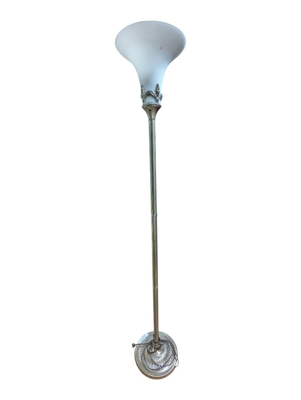 Vintage Brass-Tone Torchiere Floor Lamp with Frosted Glass Shade