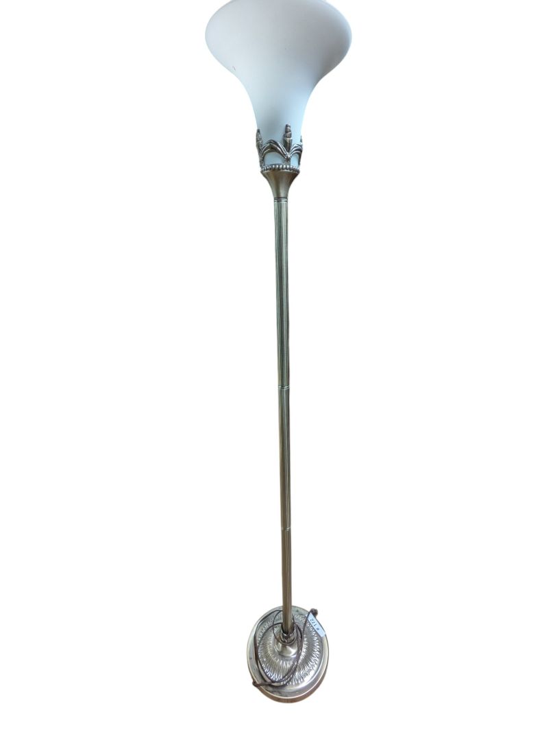 Vintage Brass-Tone Torchiere Floor Lamp with Frosted Glass Shade