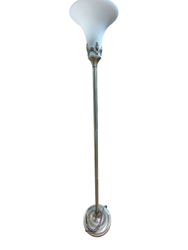 Vintage Brass-Tone Torchiere Floor Lamp with Frosted Glass Shade