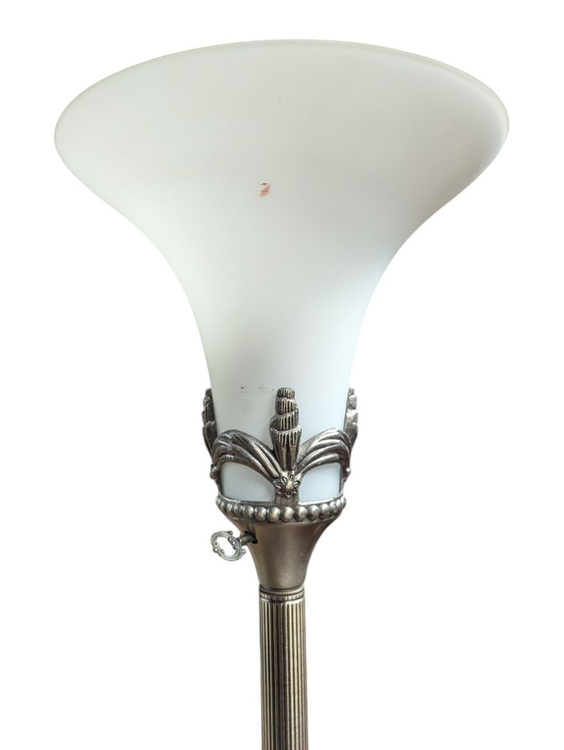 Vintage Brass-Tone Torchiere Floor Lamp with Frosted Glass Shade
