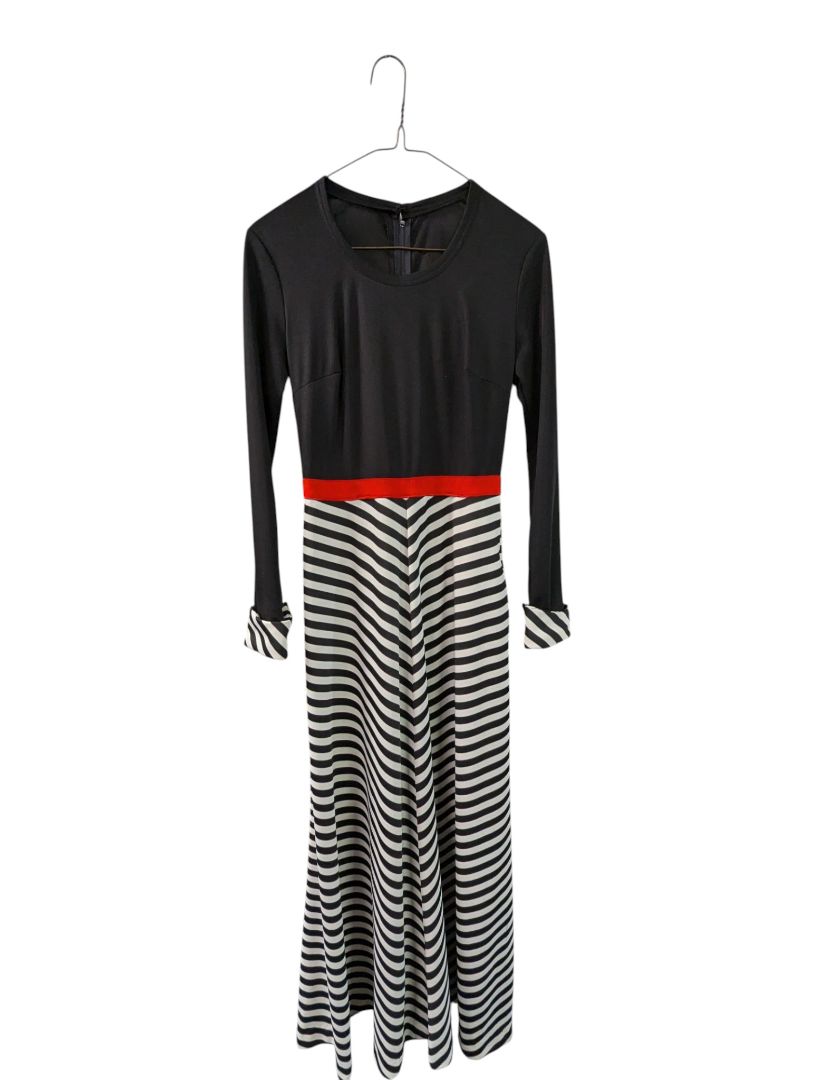Black & White Striped Long-Sleeve Maxi Dress with Red Waist Accent