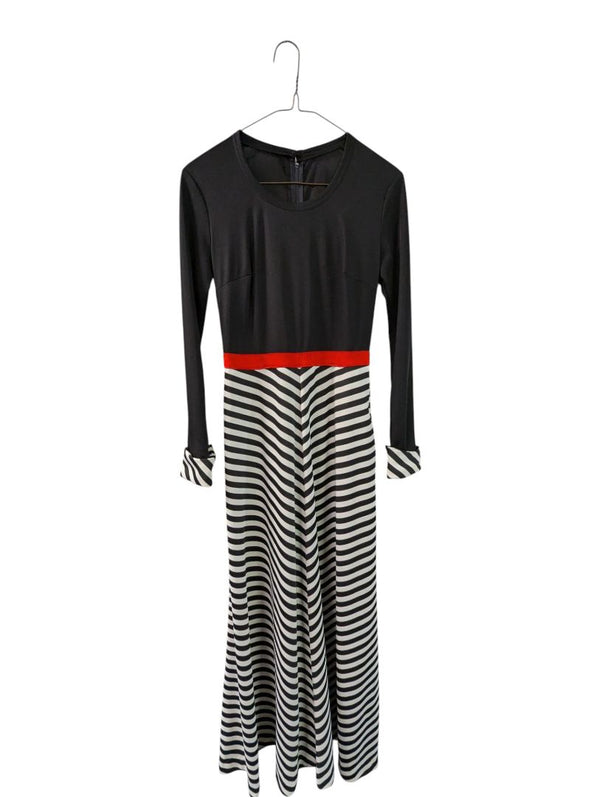 Black & White Striped Long-Sleeve Maxi Dress with Red Waist Accent