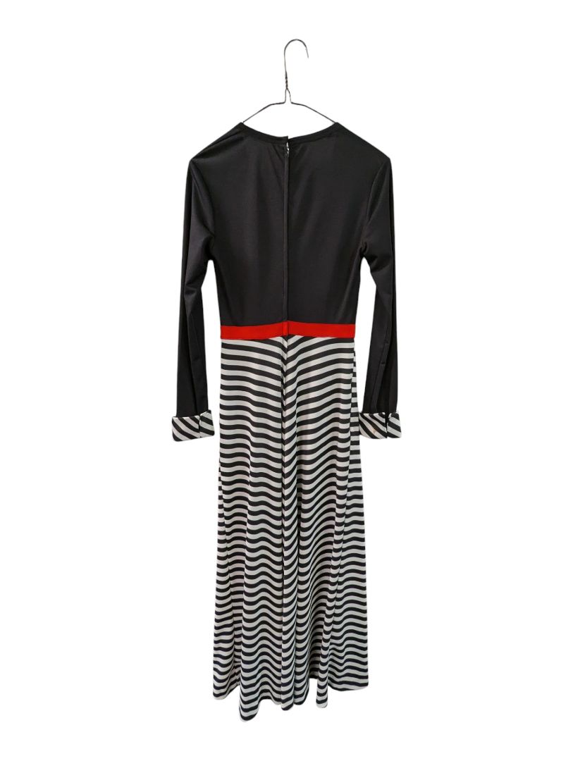 Black & White Striped Long-Sleeve Maxi Dress with Red Waist Accent
