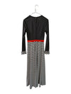 Black & White Striped Long-Sleeve Maxi Dress with Red Waist Accent