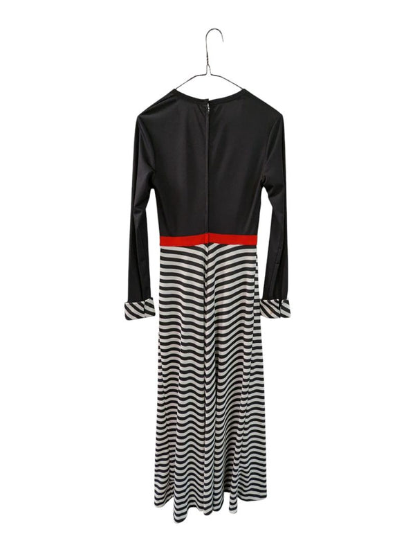 Black & White Striped Long-Sleeve Maxi Dress with Red Waist Accent
