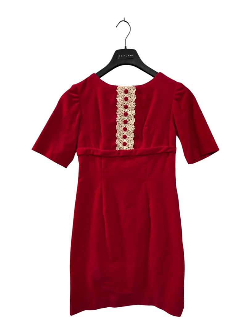 Red Short Sleeve Dress with White Lace Detail