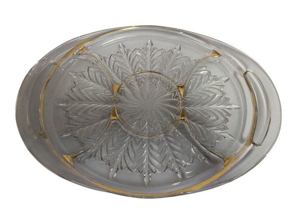 Oval Pressed Glass Serving Tray with Gold Accents
