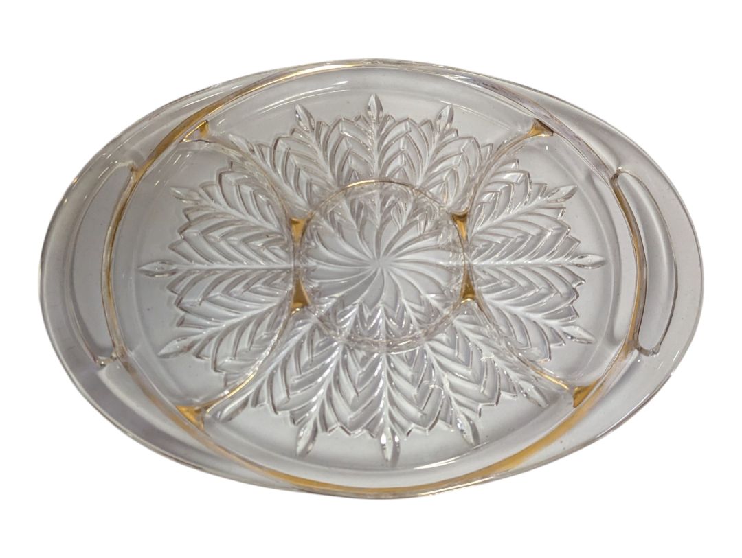 Oval Pressed Glass Serving Tray with Gold Accents
