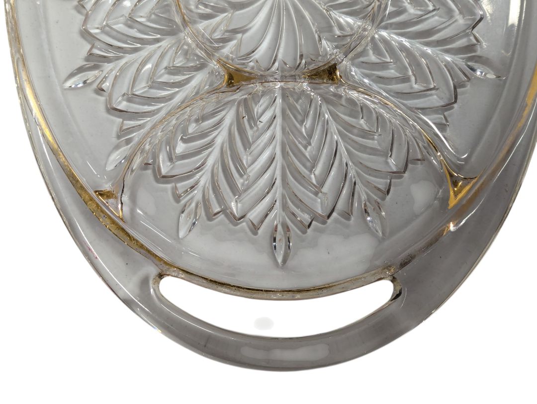 Oval Pressed Glass Serving Tray with Gold Accents
