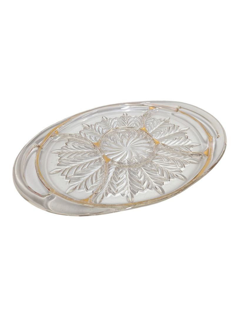 Oval Pressed Glass Serving Tray with Gold Accents