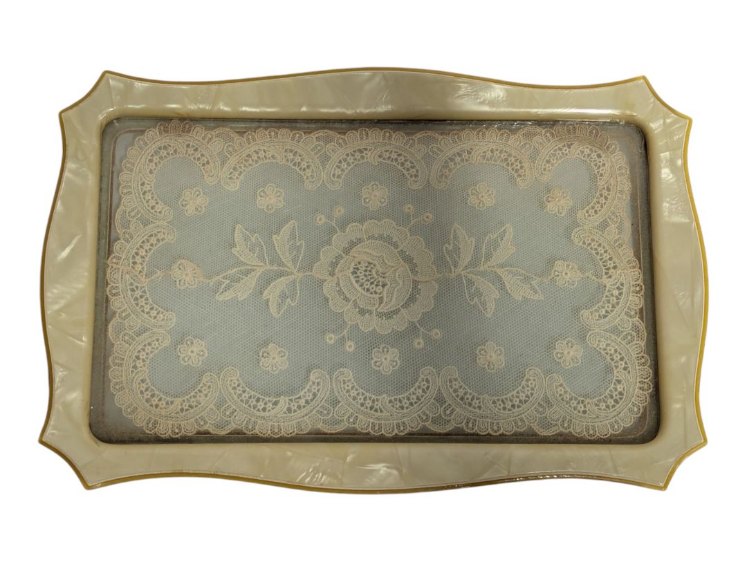 Vintage Lace-Inset Vanity Tray with Faux Pearl Frame