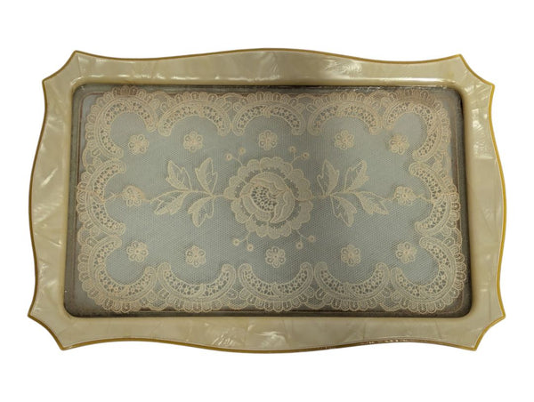 Vintage Lace-Inset Vanity Tray with Faux Pearl Frame