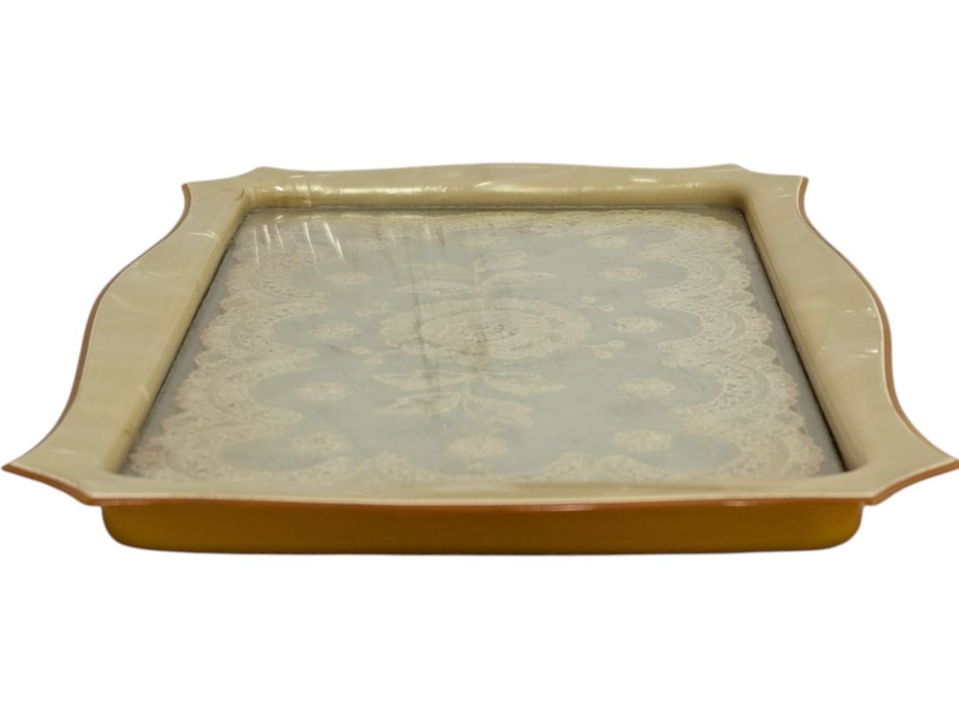 Vintage Lace-Inset Vanity Tray with Faux Pearl Frame