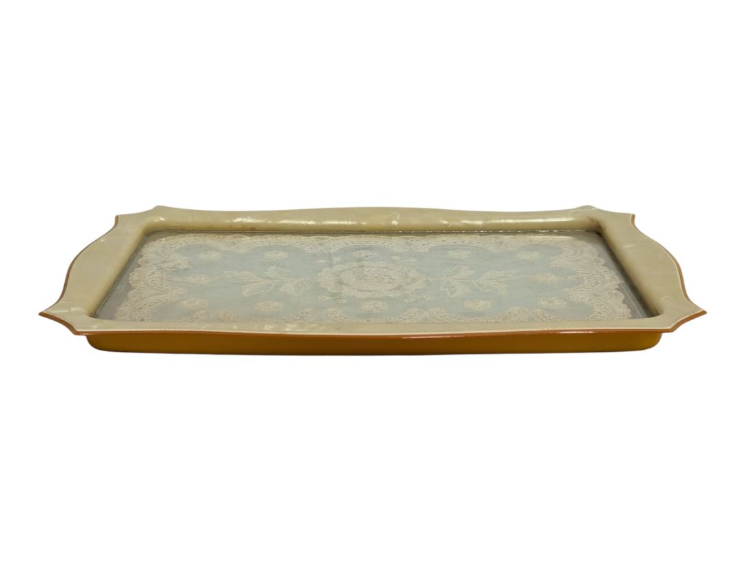 Vintage Lace-Inset Vanity Tray with Faux Pearl Frame