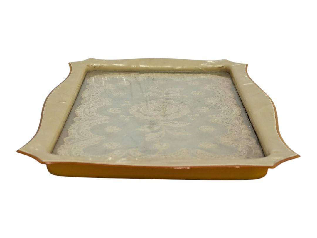 Vintage Lace-Inset Vanity Tray with Faux Pearl Frame