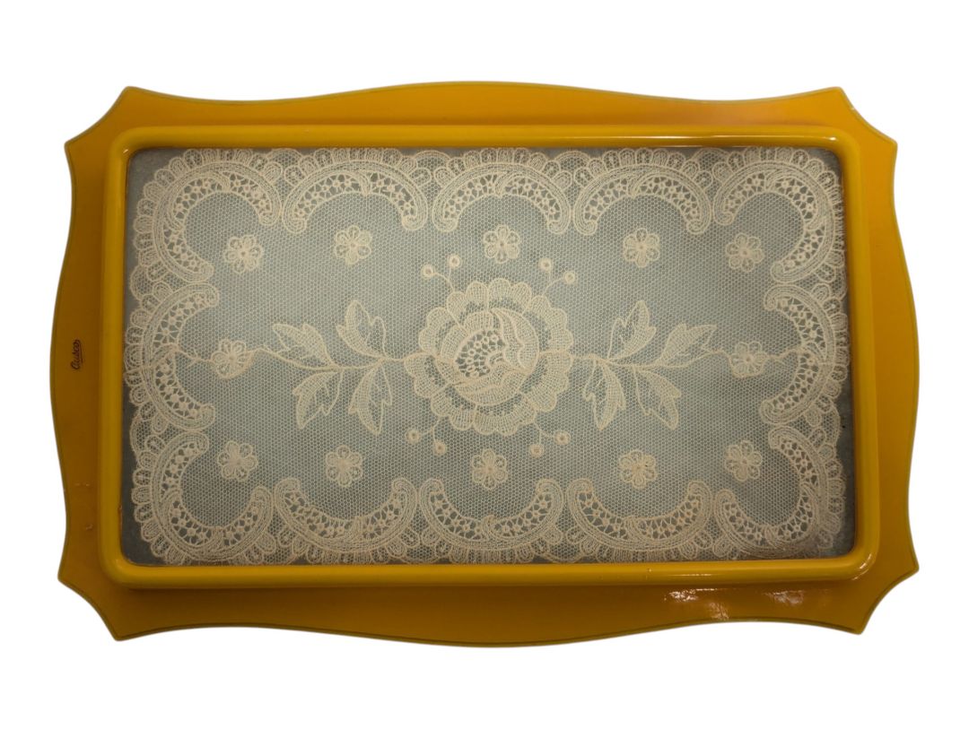 Vintage Lace-Inset Vanity Tray with Faux Pearl Frame