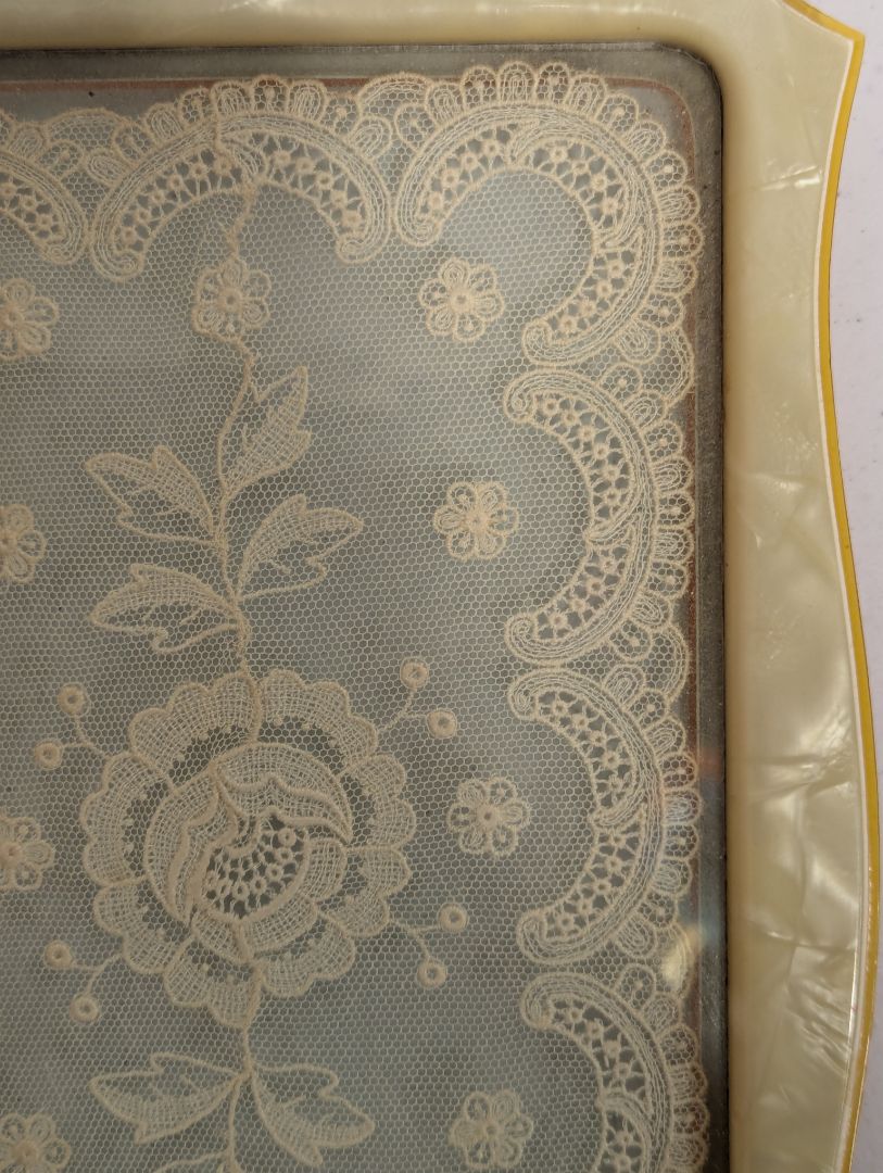 Vintage Lace-Inset Vanity Tray with Faux Pearl Frame