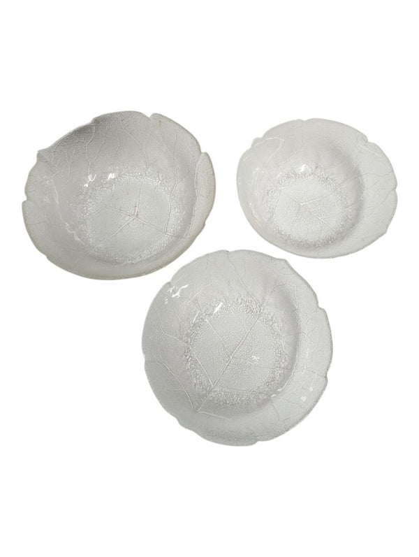 Set of 3 Clear Glass Leaf-Pattern Serving Bowls