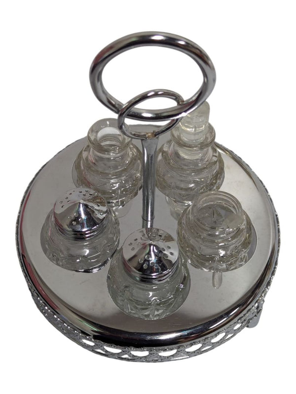Vintage Glass Condiment Cruet Set with Metal Caddy