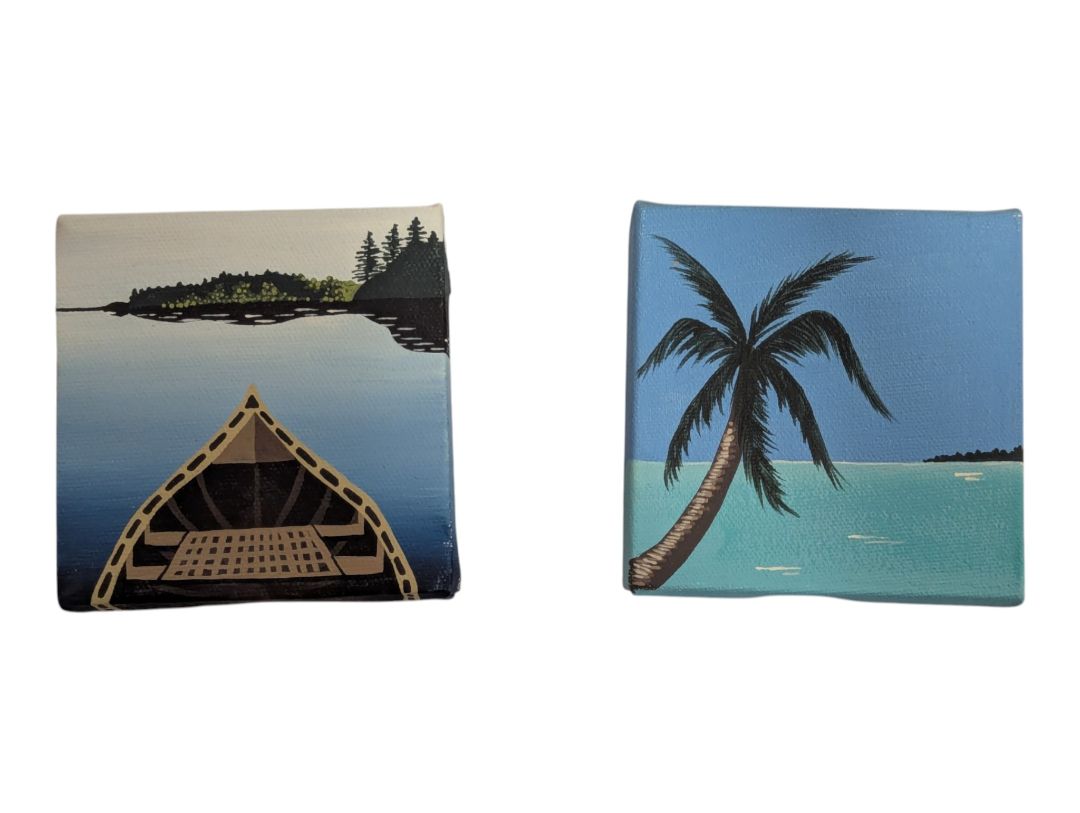 Pair of Original Mini Canvas Paintings – Canoe & Tropical Palm