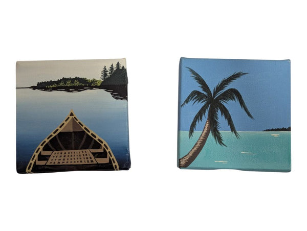 Pair of Original Mini Canvas Paintings – Canoe & Tropical Palm