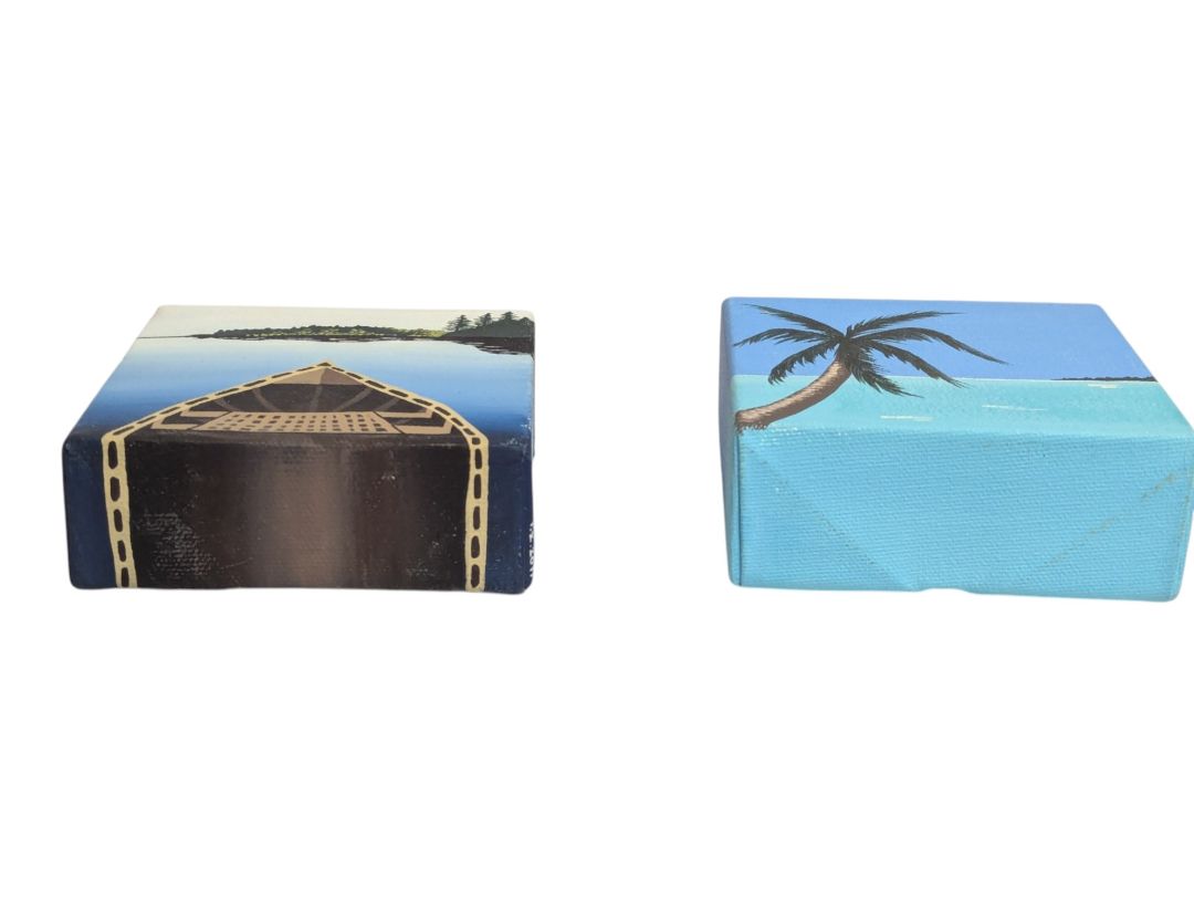 Pair of Original Mini Canvas Paintings – Canoe & Tropical Palm