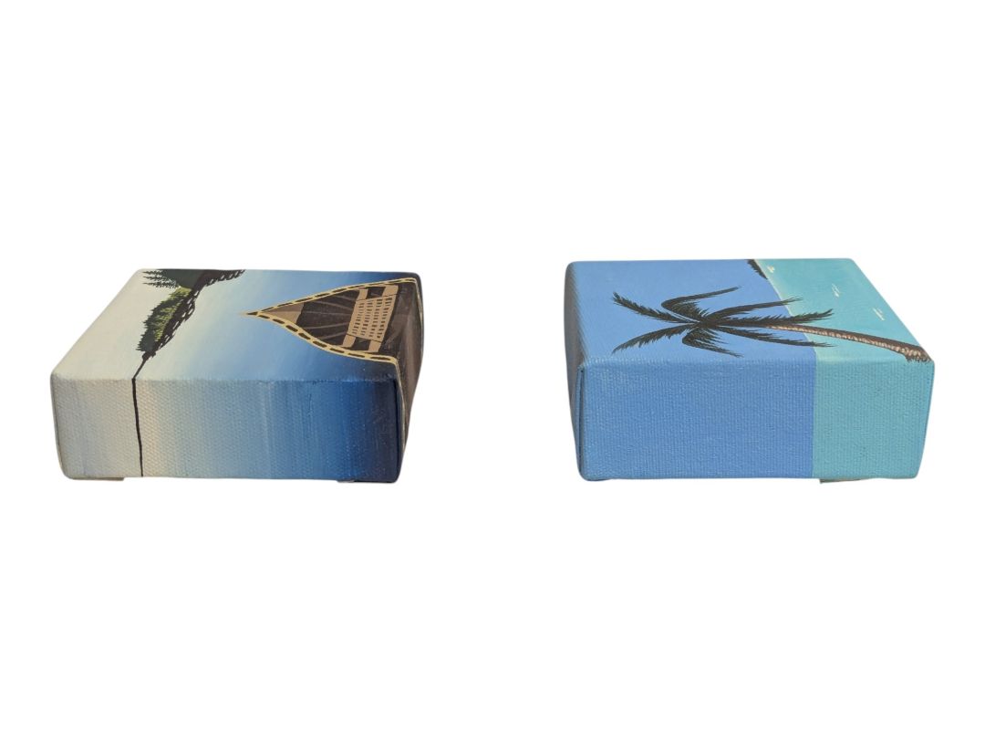 Pair of Original Mini Canvas Paintings – Canoe & Tropical Palm
