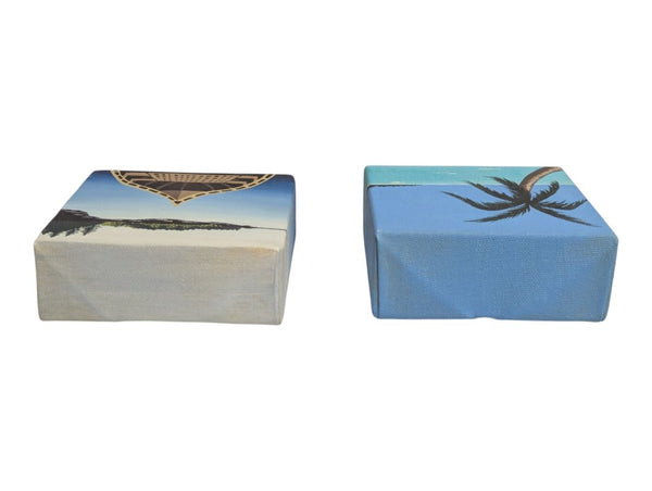 Pair of Original Mini Canvas Paintings – Canoe & Tropical Palm