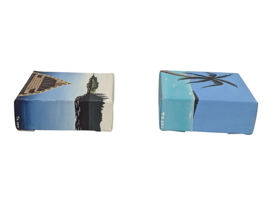 Pair of Original Mini Canvas Paintings – Canoe & Tropical Palm