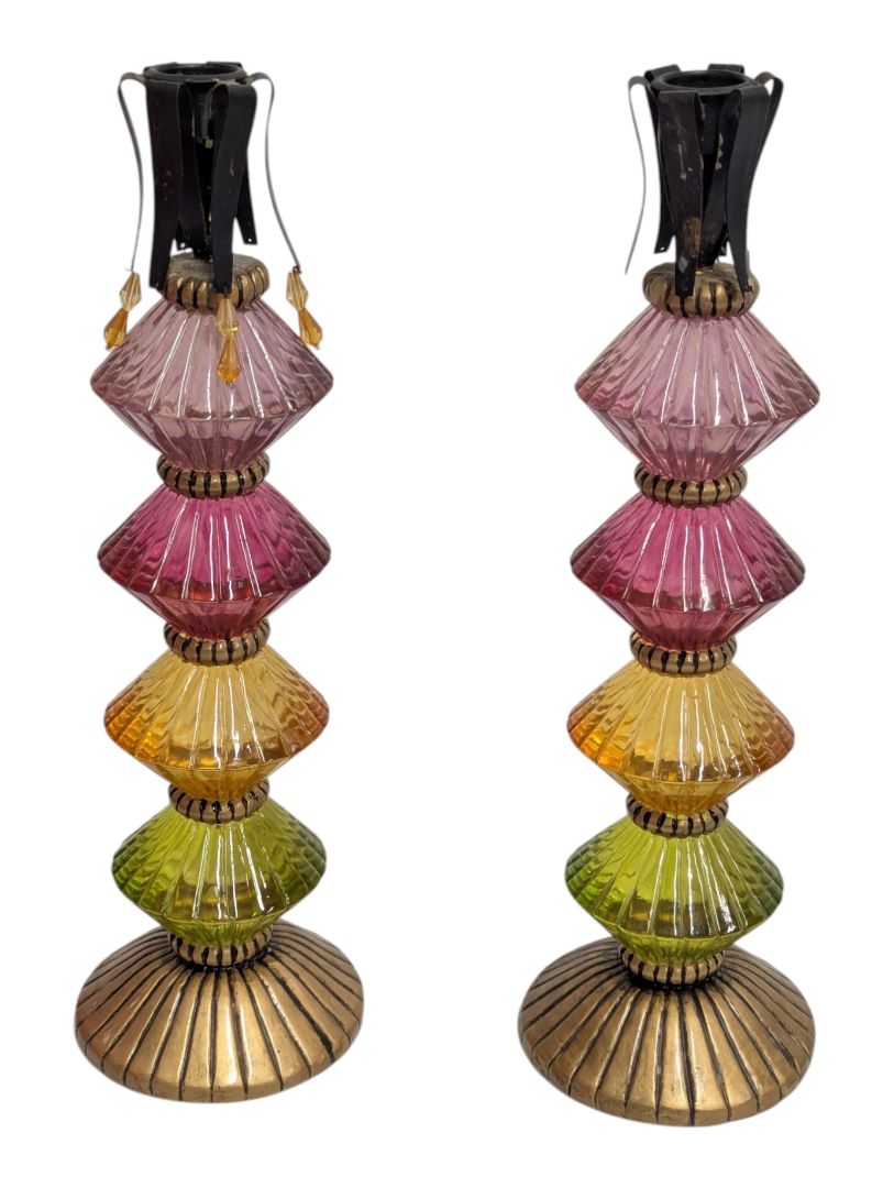 Pair of Foreside Multicolor Glass Candlesticks