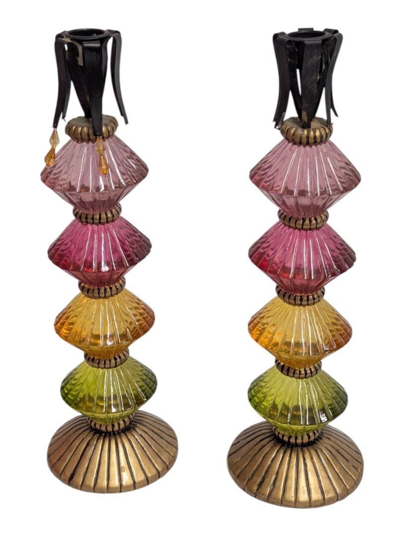 Pair of Foreside Multicolor Glass Candlesticks