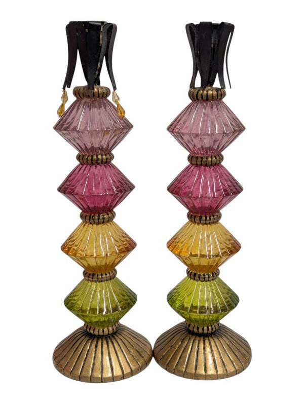 Pair of Foreside Multicolor Glass Candlesticks