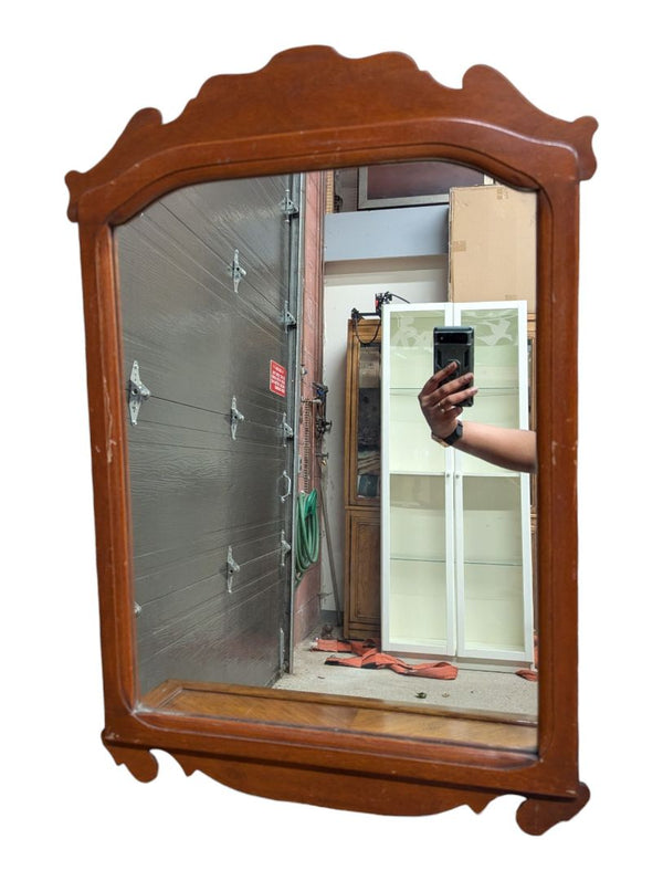 Vintage Wood-Framed Wall Mirror with Decorative Crest