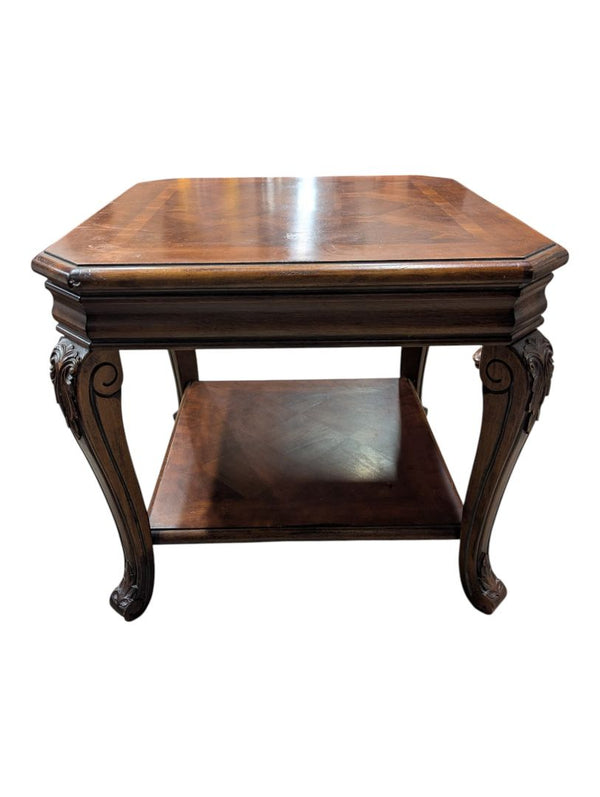 Traditional Carved Wood End Table with Inlaid Top