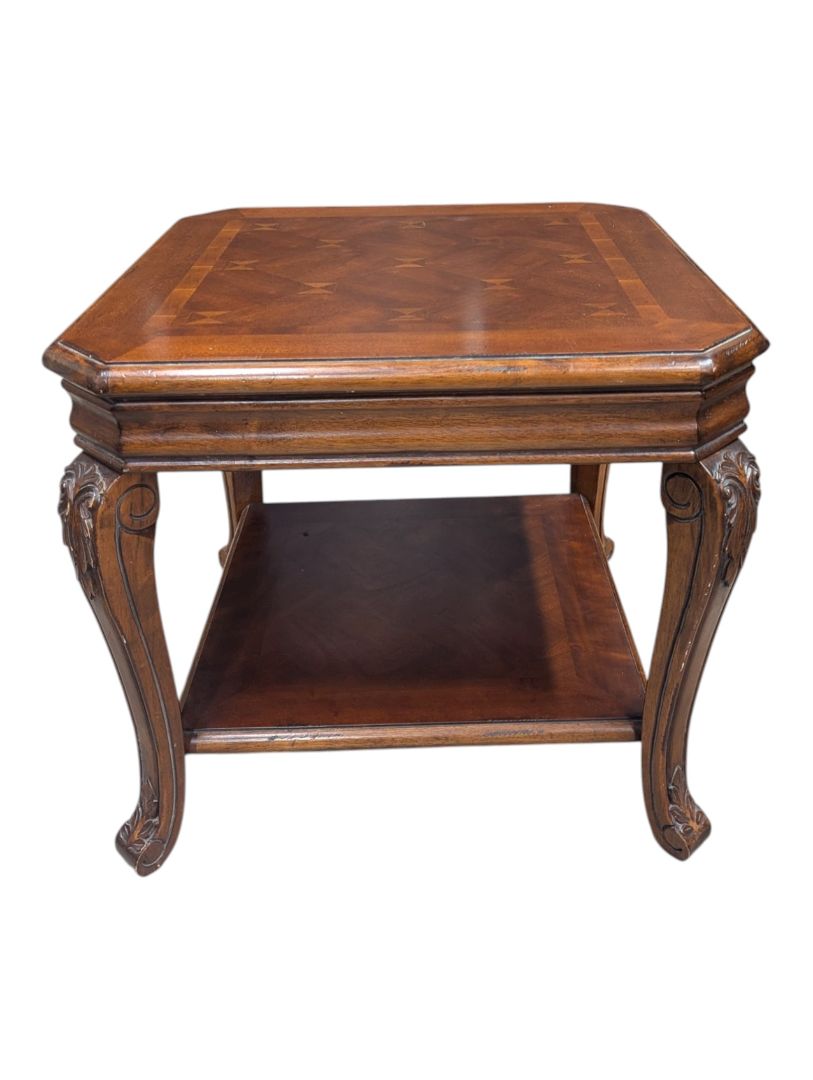Traditional Carved Wood End Table with Inlaid Top