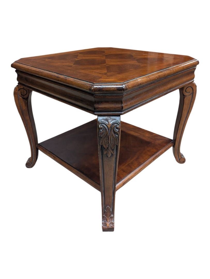 Traditional Carved Wood End Table with Inlaid Top