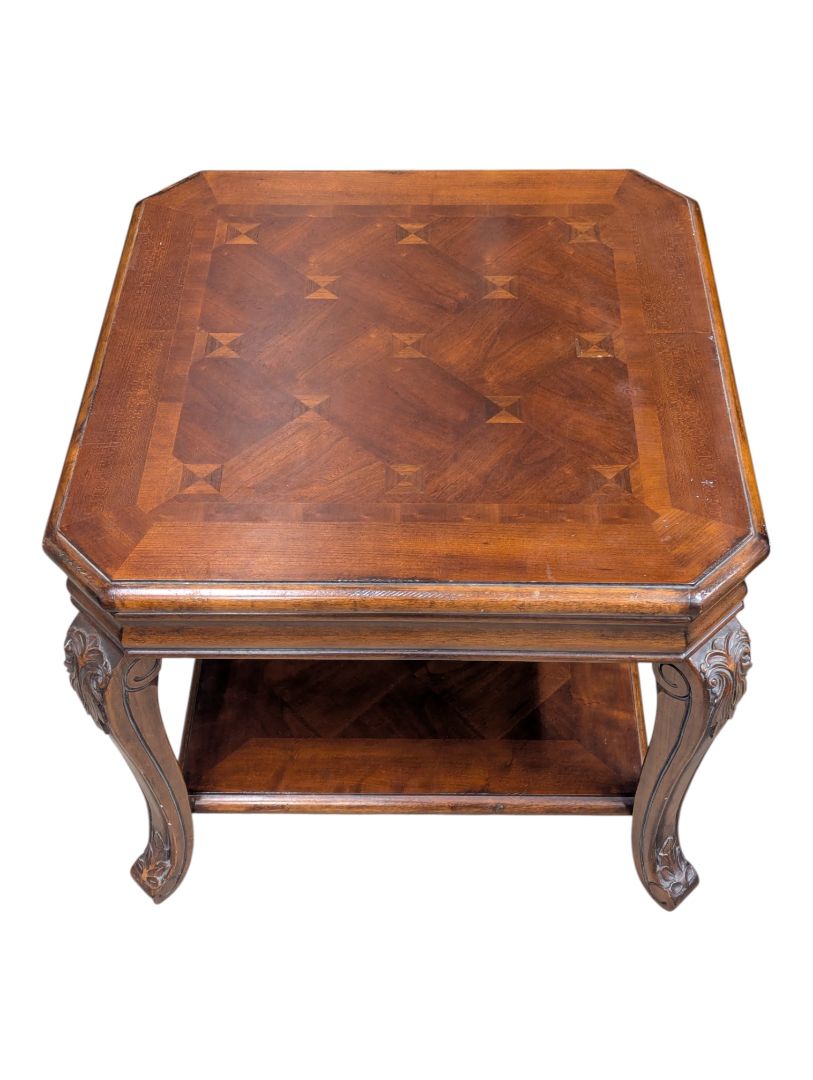 Traditional Carved Wood End Table with Inlaid Top
