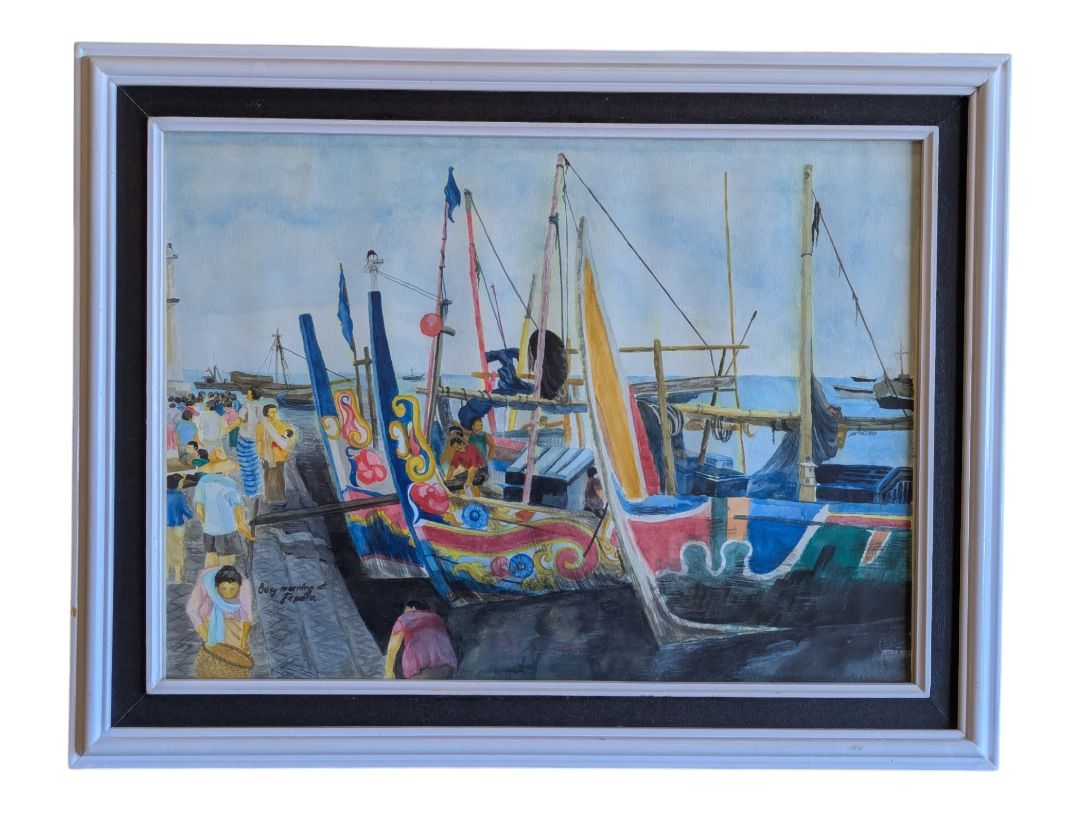 “Busy Morning at Jepara” Framed Harbor Watercolor
