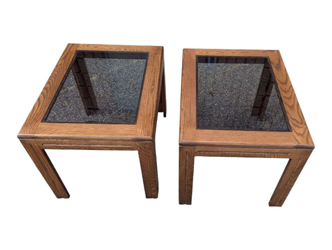 Pair of Oak-Framed Glass Top End Tables