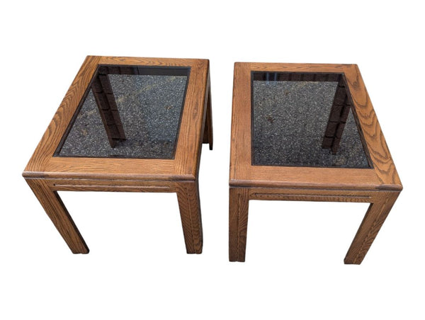 Pair of Oak-Framed Glass Top End Tables
