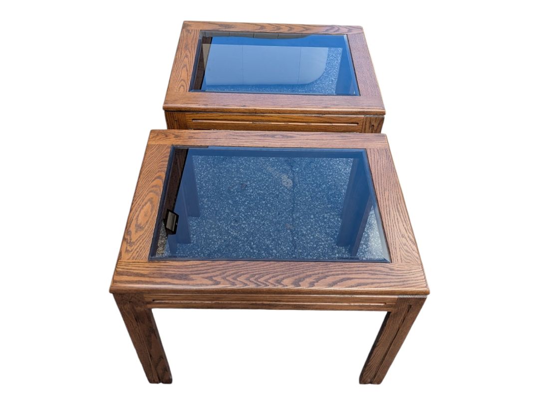 Pair of Oak-Framed Glass Top End Tables