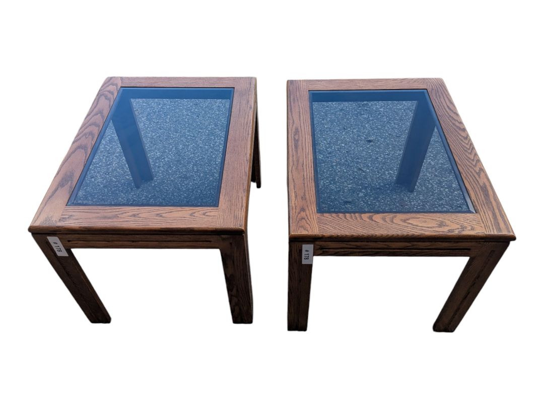 Pair of Oak-Framed Glass Top End Tables