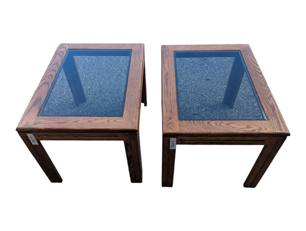 Pair of Oak-Framed Glass Top End Tables