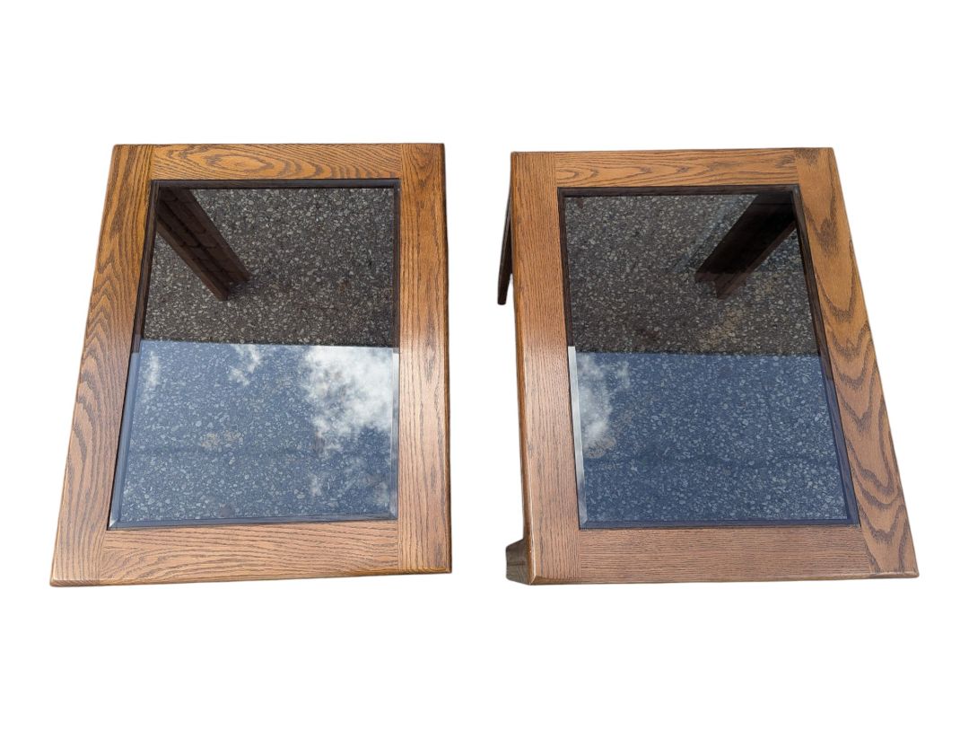 Pair of Oak-Framed Glass Top End Tables