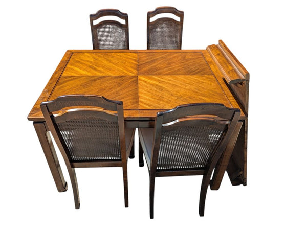 Vintage Extendable Wood Dining Table with 4 Cane-Back Chairs