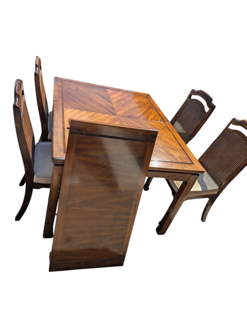 Vintage Extendable Wood Dining Table with 4 Cane-Back Chairs