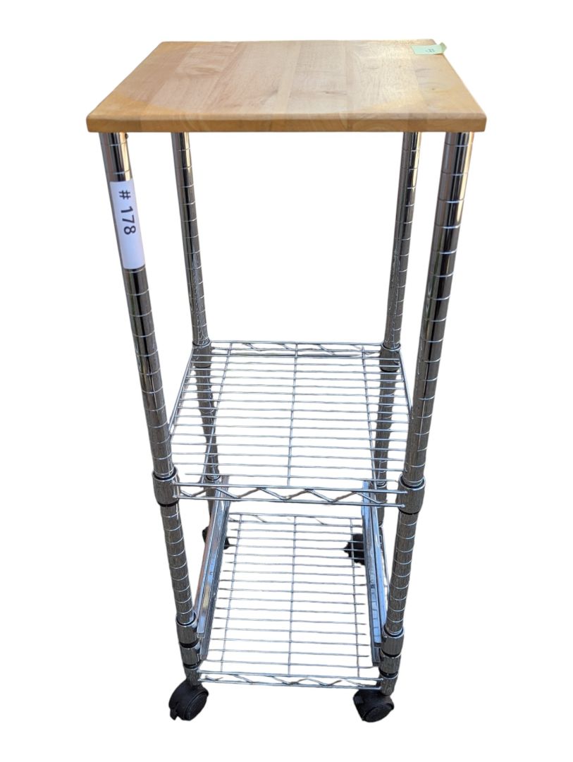 Chrome Wire Rolling Kitchen Cart with Wood Top